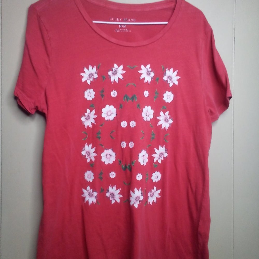 Lucky Brand Shirt M Short Sleeve Flowers Red Green White